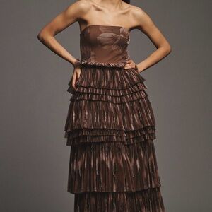 Hutch Brown Floral Strapless Tiered Ruffle Maxi Dress